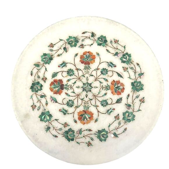 Stunning 9” White Marble Plate Semi-Precious Stone Malachite Floral Design India - Picture 1 of 15